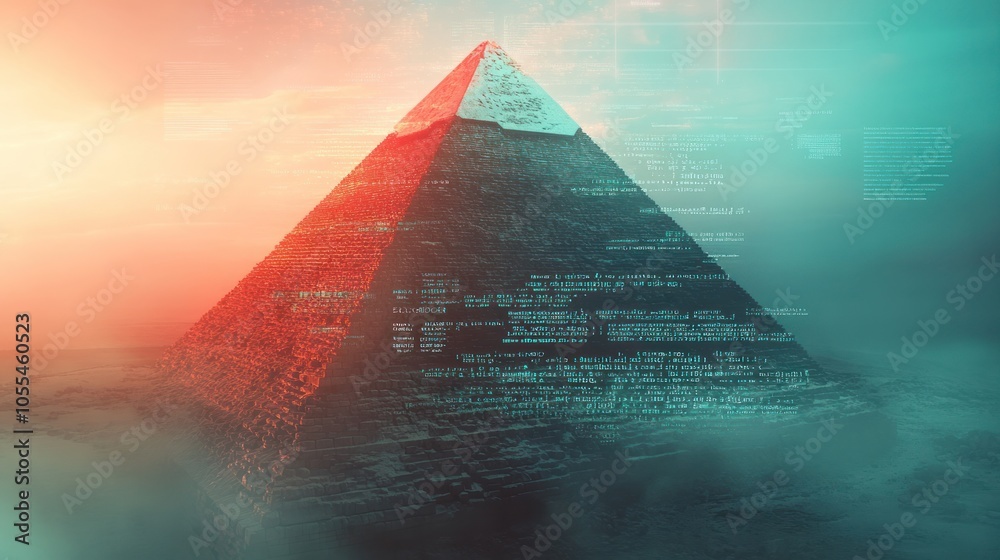 Fototapete a soft-focus pyramid is juxtaposed with floating text from various programming languages,