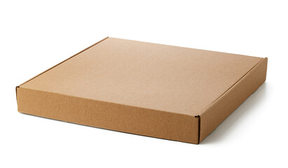 A plain cardboard box resting on a flat surface ready for shipping