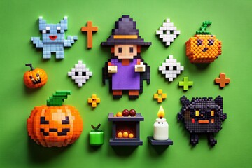 Naklejka premium Halloween Pixel Art Collection: Fun Witch, Cat, Bat, and Potion Designs in 8-Bit Style for Spooky Celebrations