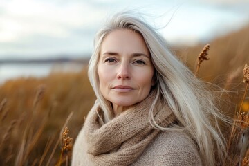 A woman with gray hair looks into the camera. This image is perfect for websites, brochures, or social media posts that promote aging gracefully.