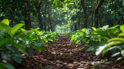 Obraz premium Lush Green Forest Path with Sunbeams and Foliage