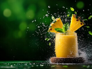 Tropical smoothie with mango, pineapple, and coconut water, high in vitamin C, vibrant yellows, refreshing and energizing