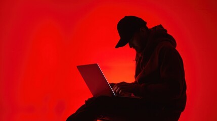 Silhouette of a Hacker Working on a Laptop Against a Red Background