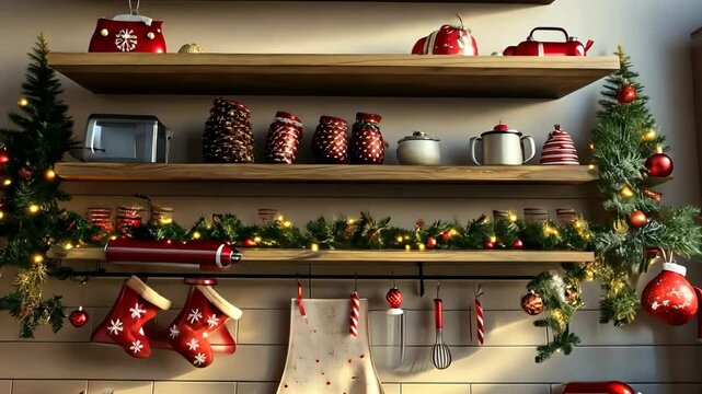Mockup of a plain holiday apron hanging in a festive kitchen, with gingerbread cookies, candy canes, and Christmas decorations adding a cozy touch. . Video