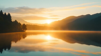 Naklejka premium A peaceful sunrise over a mountain lake with soft light reflecting on the water