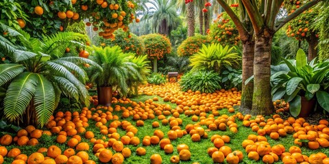 A Lush Tropical Garden Filled With Ripe Oranges Scattered Amidst Vibrant Green Foliage, Creating A Scene Of Abundance and Tranquility