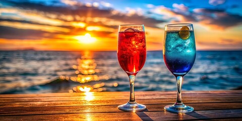 Two vibrant cocktails, one red and one blue, sit on a wooden deck overlooking a breathtaking sunset over the ocean.