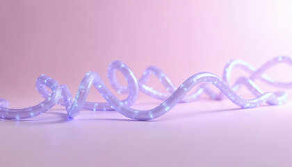 3D rendering of twisted lavender colored fiber optic wires forming a spiral shape over a pastel pink background, with a smooth texture and soft shadows