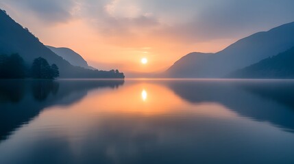 Fototapeta premium A peaceful sunrise over a mountain lake with soft light reflecting on the water