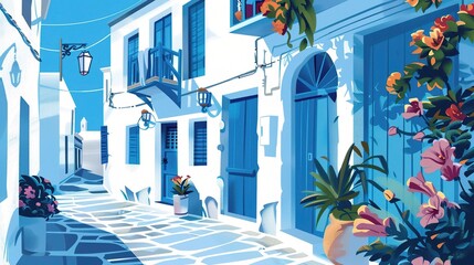 Mediterranean Style White Blues Background - a charming and relaxing visual. The Mediterranean style white blues background creates a vibrant and inviting coastal scene