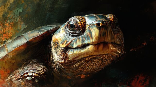 A turtle is shown with its head up and looking at the camera. The turtle is brown and has a pattern on its shell. The image has a warm and inviting mood