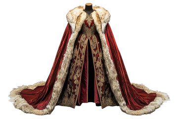 Majestic red and gold gown with a fur-lined cape displayed elegantly for a royal-themed occasion