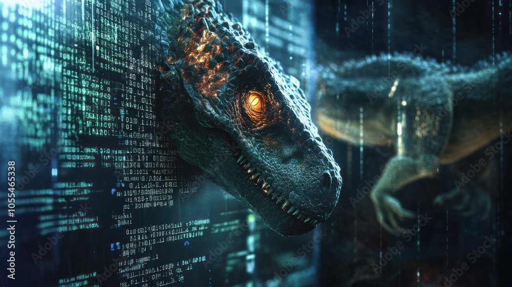 Poster displaying complex programming code, with softly blurred images of dinosaurs peeking from the edges