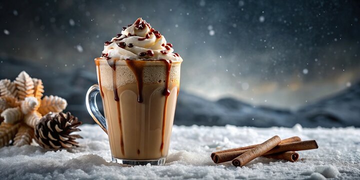 Ice-cold coffee on a snowy morning with a hint of cinnamon and a drizzle of chocolate syrup, aromatic brew, spicy flavor, sweet treat, winter morning, dark liquid
