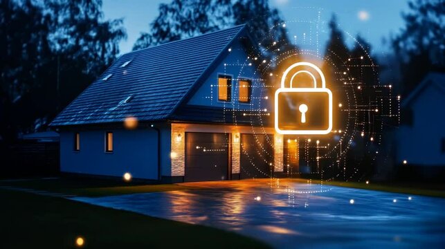 digital glowing home security lock icon hovers near to suburban house, representing the concept of home security