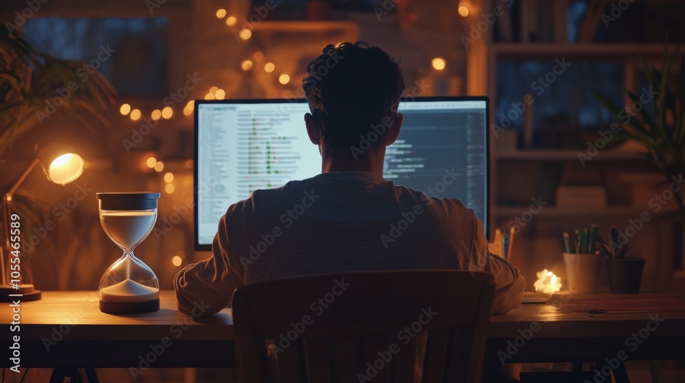 Poster A man is sitting at a desk with a computer monitor in front of him