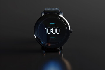 Smart watch, digital display with black background. Black background.