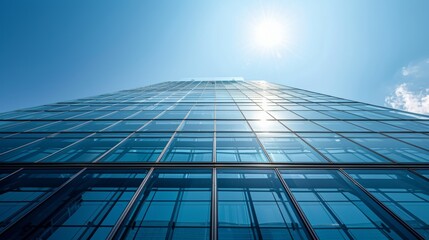Fototapeta premium Modern Glass Skyscraper Building Facade with Blue Sky and Sunlight