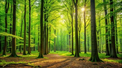 Fototapeta premium Leafy forest landscape with tall trees and vibrant green foliage, autumn leaves, outdoor scenery, woodland environment, forest textures, earth tones