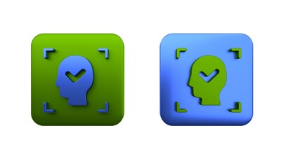 Colorful Face recognition with check mark icon isolated on white background. Face identification scanner icon. Facial id. Cyber security concept. Square button. 3D render illustration