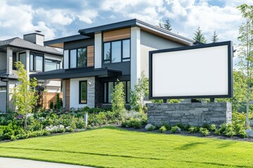 Design a blank real estate development sign in front of modern single story housing development