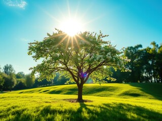 Lush green landscape with blooming tree and radiant sun flare, sunny, bright