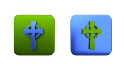 Colorful Tombstone with cross icon isolated on white background. Grave icon. Square button. 3D render illustration