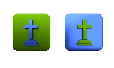 Fototapeta premium Colorful Tombstone with cross icon isolated on white background. Grave icon. Square button. 3D render illustration