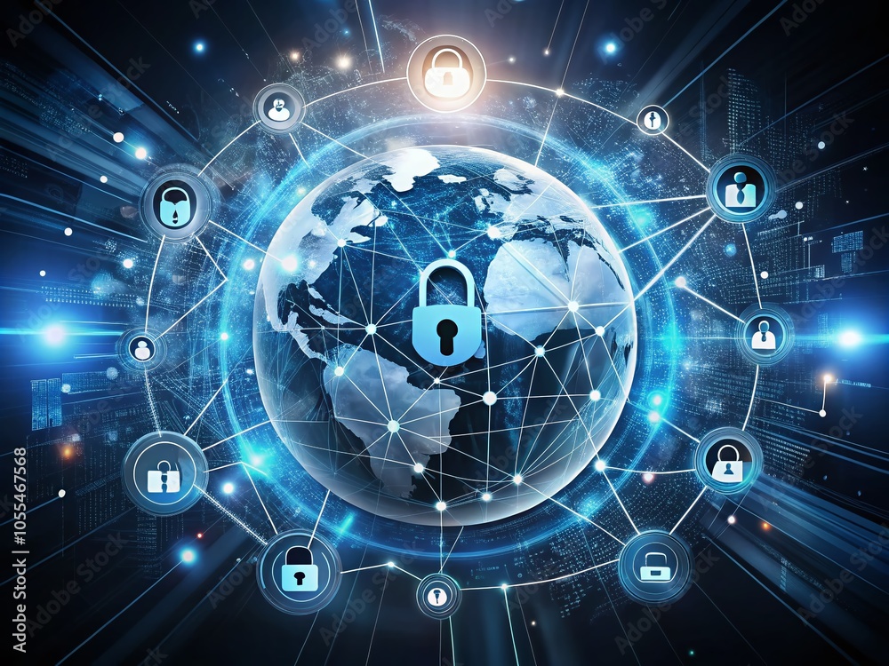 Poster high-tech cyber security networking concept with digital communication elements in a futuristic sci-