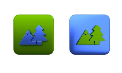 Colorful Mountains with tree icon isolated on white background. Symbol of victory or success concept. Square button. 3D render illustration