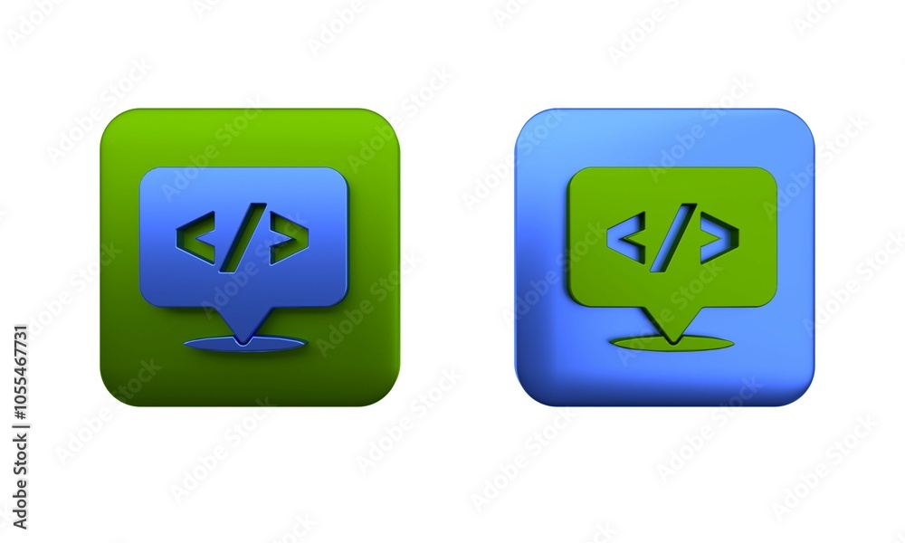 Poster colorful web design and front end development icon isolated on white background. square button. 3d r