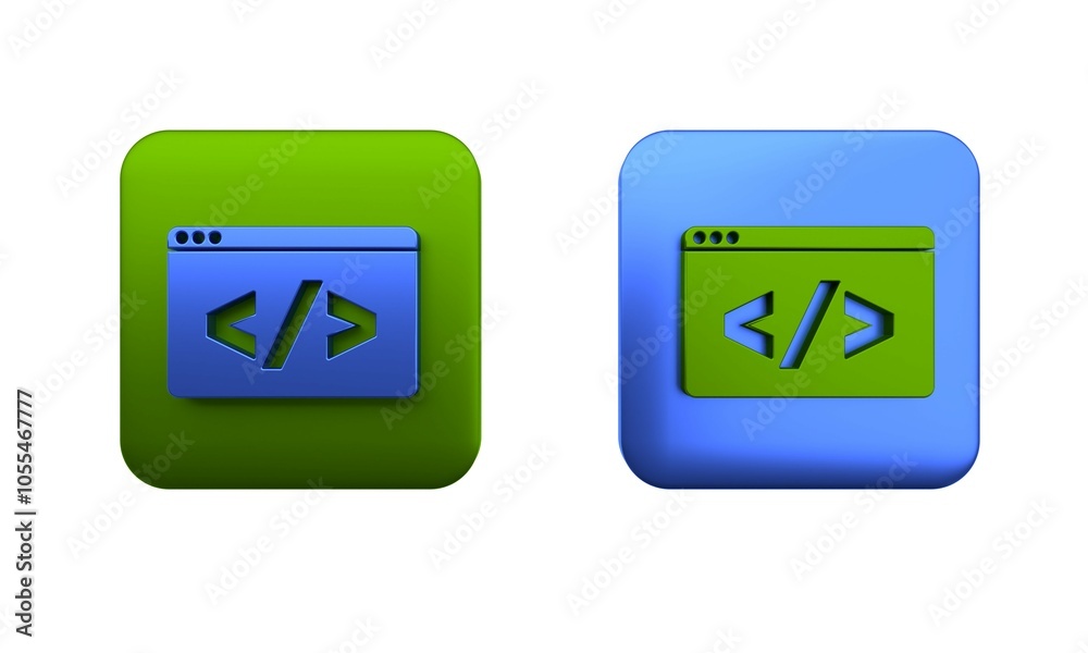 Poster colorful web design and front end development icon isolated on white background. square button. 3d r