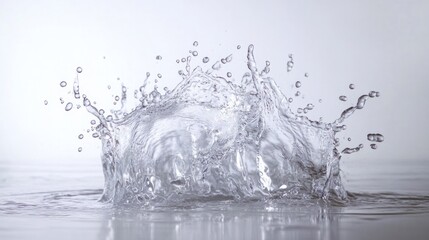 Dynamic water splash frozen in motion with crystal-clear droplets suspended against a plain