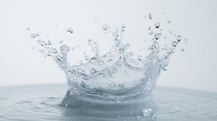 Dynamic water splash frozen in motion with crystal-clear droplets suspended against a plain