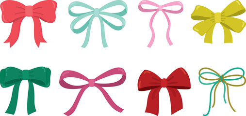 Set of cute festive ribbon bows. Colorful objects for various holidays or gifts