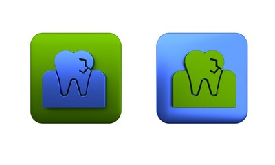 Colorful Tooth with caries icon isolated on white background. Tooth decay. Square button. 3D render illustration