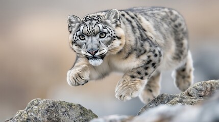 Obraz premium Snow leopard jumping gracefully on rocky terrain with focused expression and fur detailed in shades of gray and white