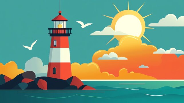 A cartoon illustration of a lighthouse on a sandy beach with blue water and seagulls flying.