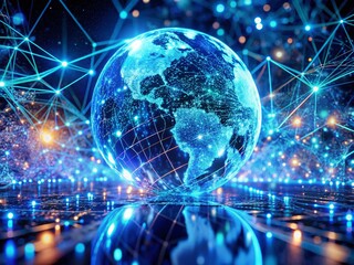 Fototapeta premium Holographic Blue Neon Virtual Space Showcasing Global Connection in Macro Photography