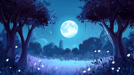 A cartoon illustration of a moonlit forest.
