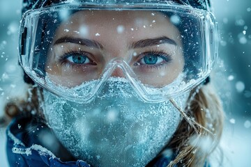 Woman wearing goggles and a mask covered in snow