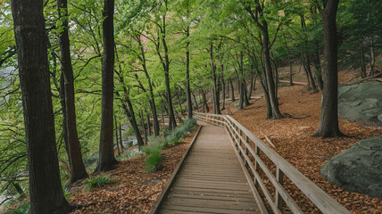 Fototapeta premium Wooden Path Through Forested Landscape With Fallen Leaves
