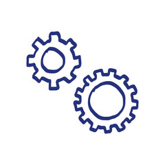 Gear sketch. Hand drawn vector illustration. Blue pen or marker drawing. Primitive kids picture