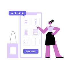 Female Character Browsing Online Art Supplies Store With Smartphone in Flat Vector Illustration Symbolizing E Commerce, Creativity, and Digital Shopping, Isolated on White Background.