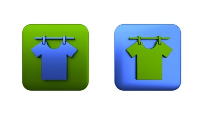 Colorful Drying clothes icon isolated on white background. Clean shirt. Wash clothes on a rope with clothespins. Clothing care and tidiness. Square button. 3D render illustration