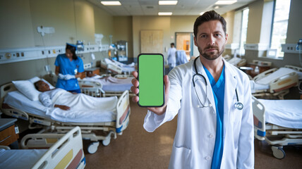 Fototapeta premium Doctor Holding Phone in Hospital Room with Patients