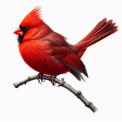 Fototapeta premium A vibrant male Northern Cardinal perched on a branch, showcasing its brilliant red plumage against a white background