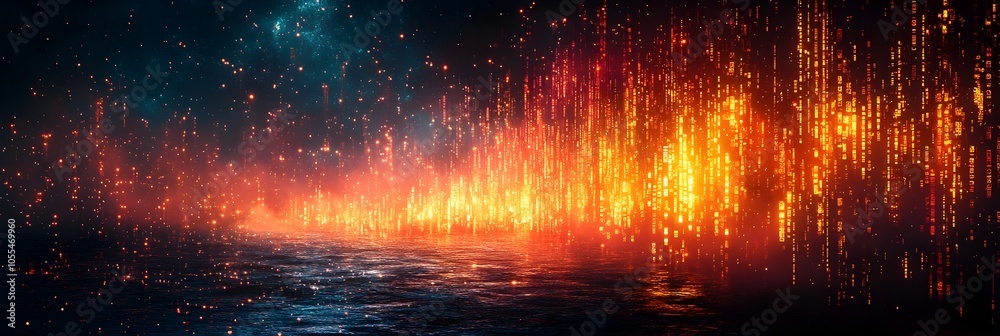 Poster Captivating digital landscape showcasing a river of flowing data and information cascading through a technological paradise,creating a visually stunning and futuristic scene.
