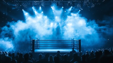 A boxing ring in a large arena, lit up with spotlights and filled with a cheering crowd.