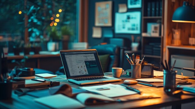 Cozy home office workspace with laptop and warm lighting